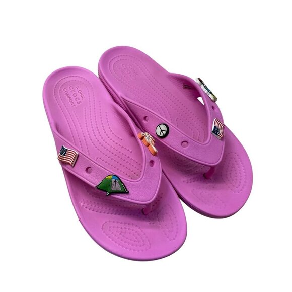 CROCS Unisex W9 M7 Iconic Crocs Classic Flip Flop Sandals Pink Jibbitz Minnie - Picture 3 of 8